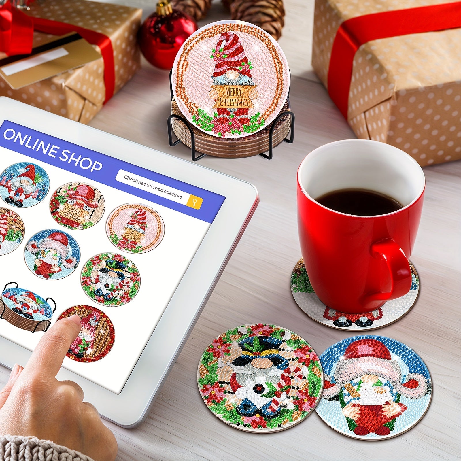 8pcs Christmas Candy Gnome Diamond Painting Coasters Kits