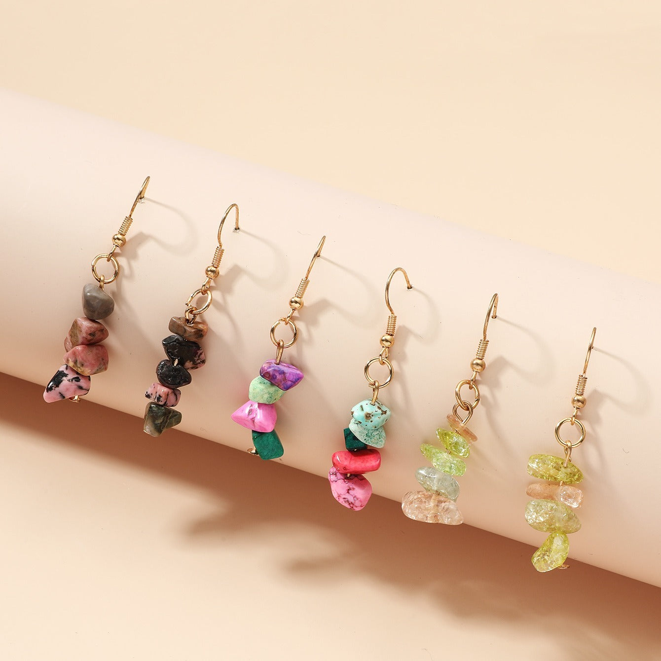 3 Pairs Natural Stone Charm Earrings Set