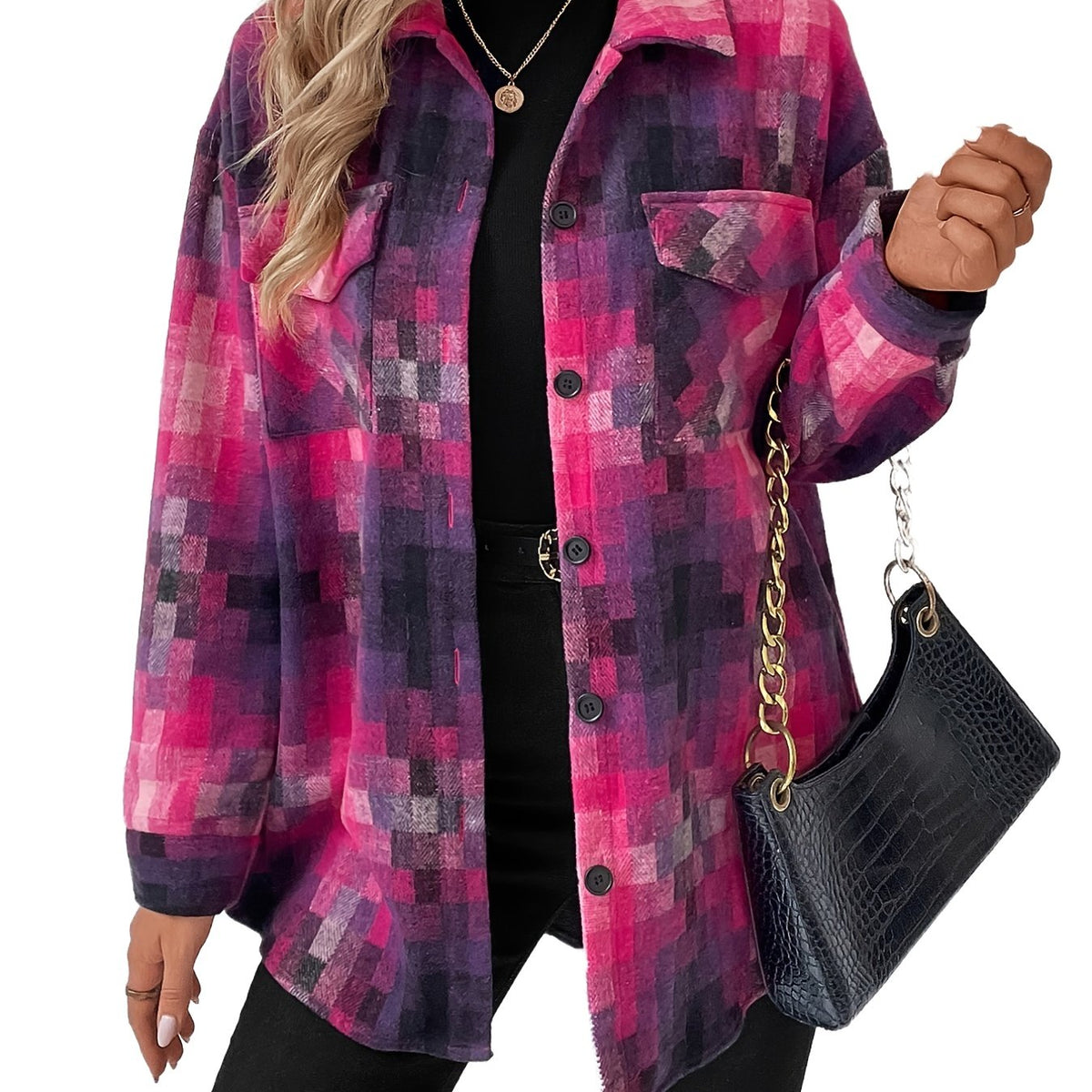 Grid Print Lapel Long Sleeve Coat Outerwear