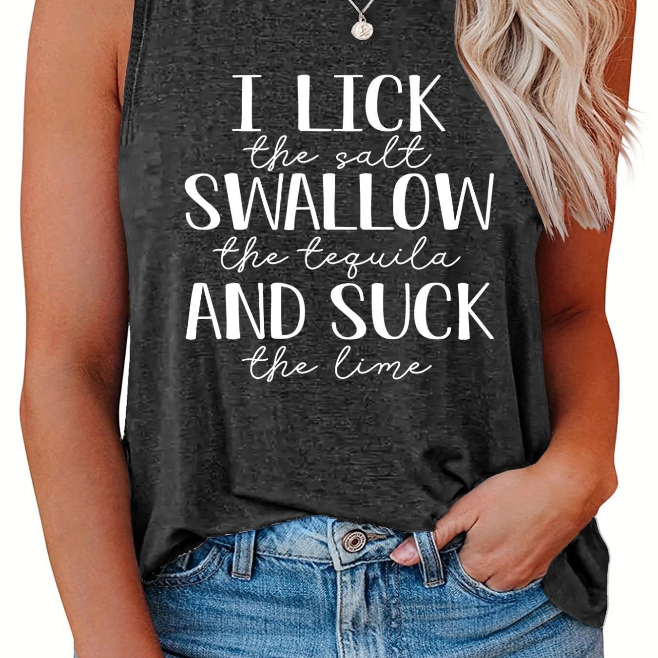  Women's Casual Tank Top Slogan Print Round Neck Stretch Top