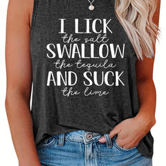  Women's Casual Tank Top Slogan Print Round Neck Stretch Top