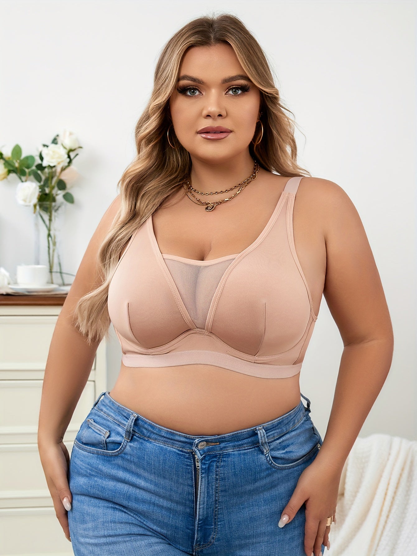  Bra Women's Plus Contrast Mesh Full Cover Bralette