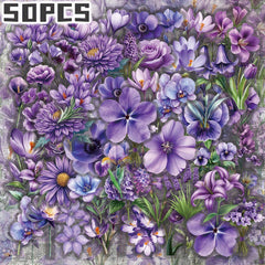 50pcs Purple Floral Stickers Transparent Shapes Self Adhesive Deca