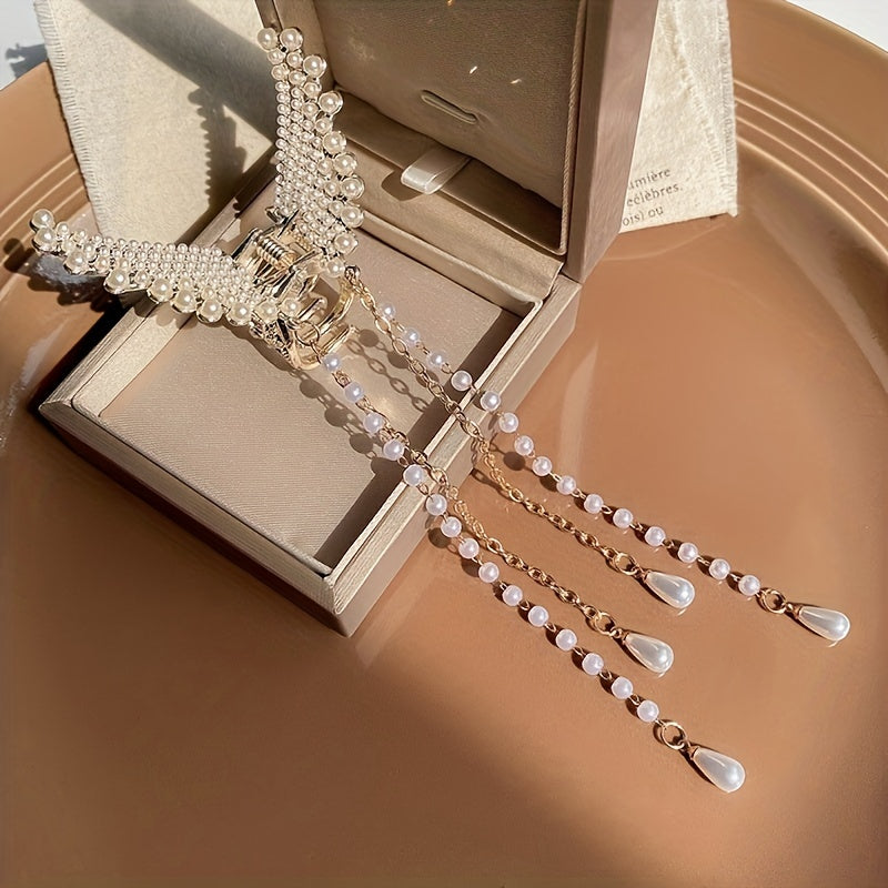 Faux Pearl Tassel Butterfly Hair Claw Clip Golden