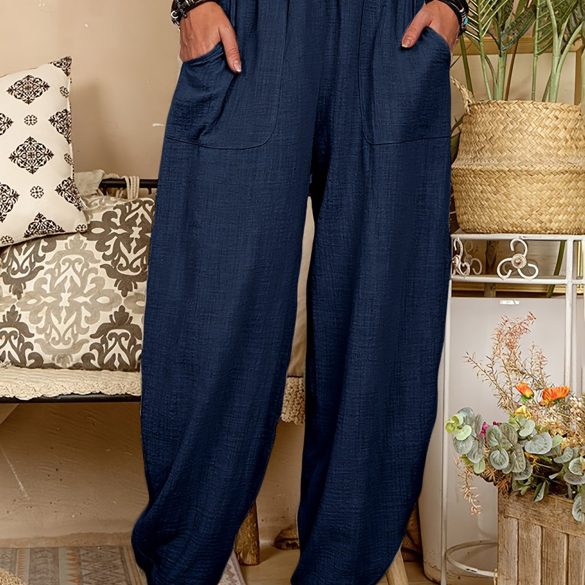 Women's Solid Elastic High Waist Casual Pants