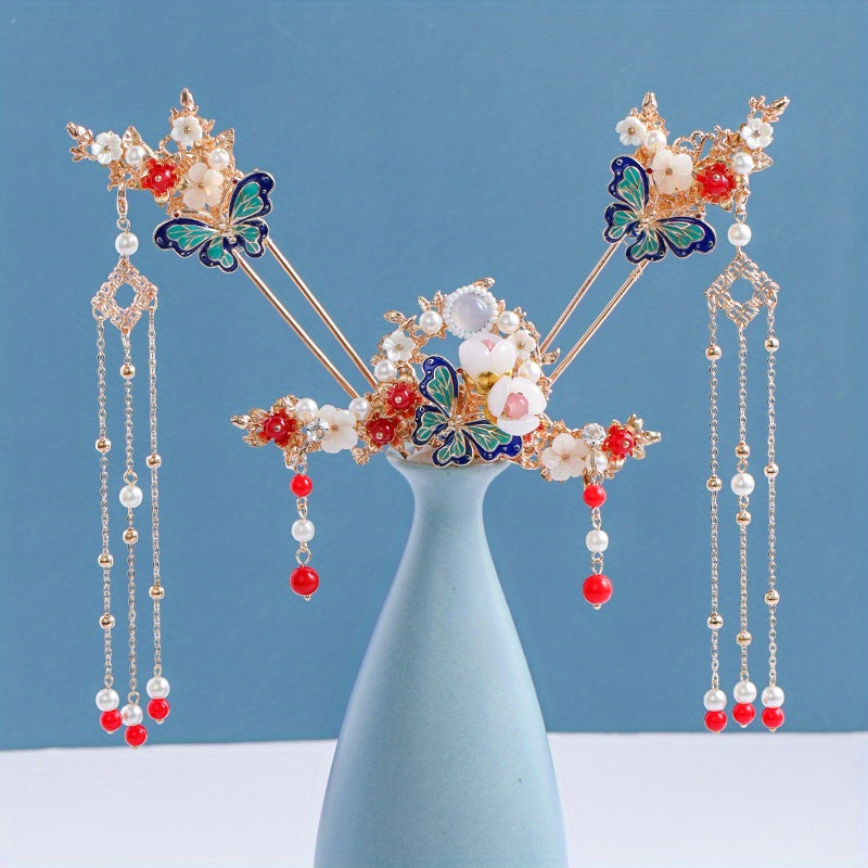 4pcs Butterfly Hairpin Earrings Set Flower Hair Accessories Women's Chinese Styl