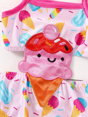 Ice Cream Cartoon Print Camisole Swimsuit Girls Tankinis