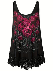  Rose Print Lace Tank Top Women's Sleeveless Casual Top