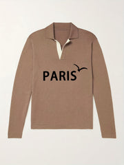 Paris Pattern Knit Polo Shirt Men's Casual Lapel Pullover Sweater