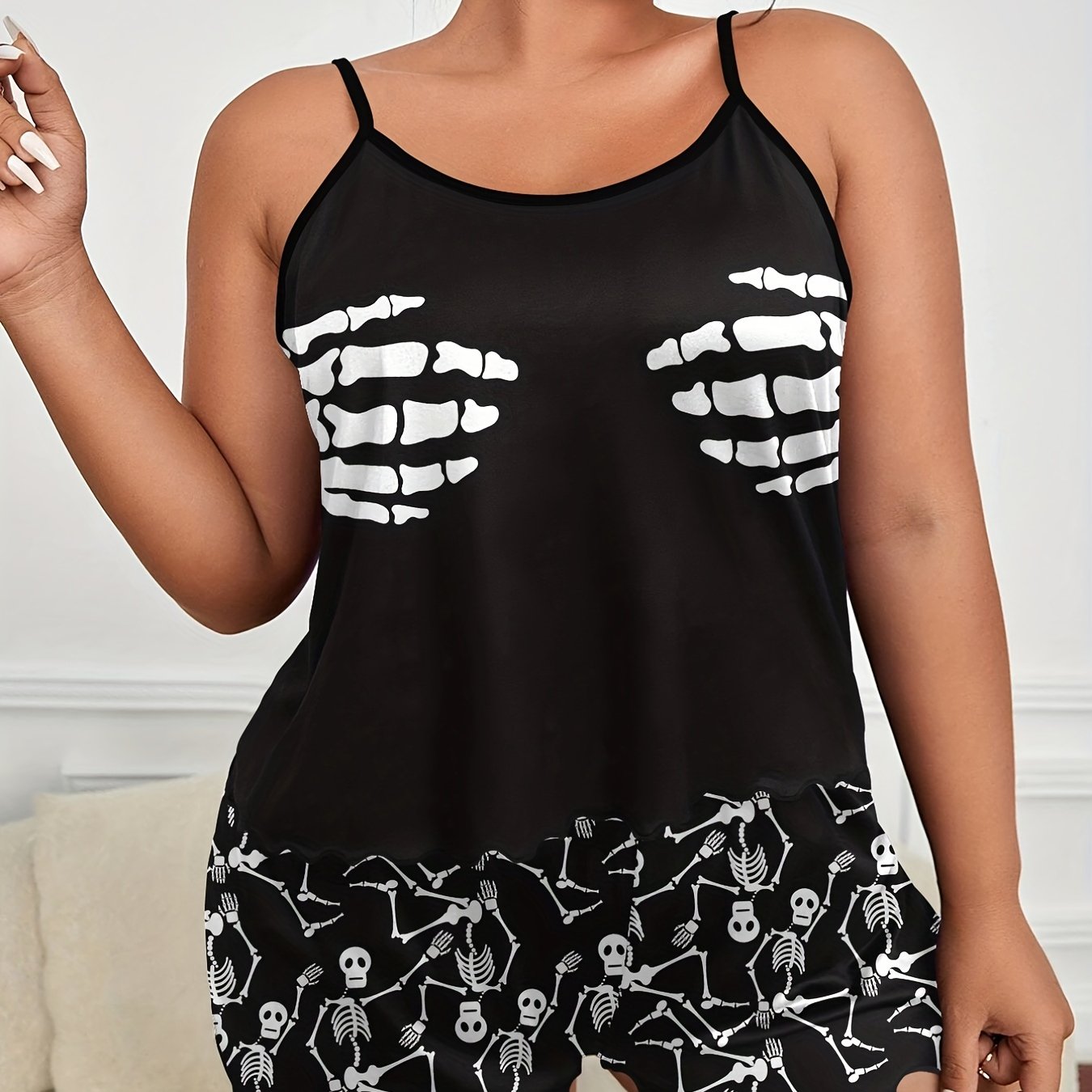  Halloween Skull Print Pajama Set Women's Cami Top & Shorts