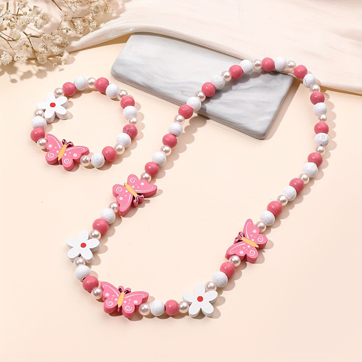 Cartoon Butterfly Flower Rainbow Beaded Necklace Bracelet Set for Girls