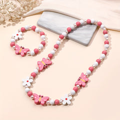 Cartoon Butterfly Flower Rainbow Beaded Necklace Bracelet Set for Girls