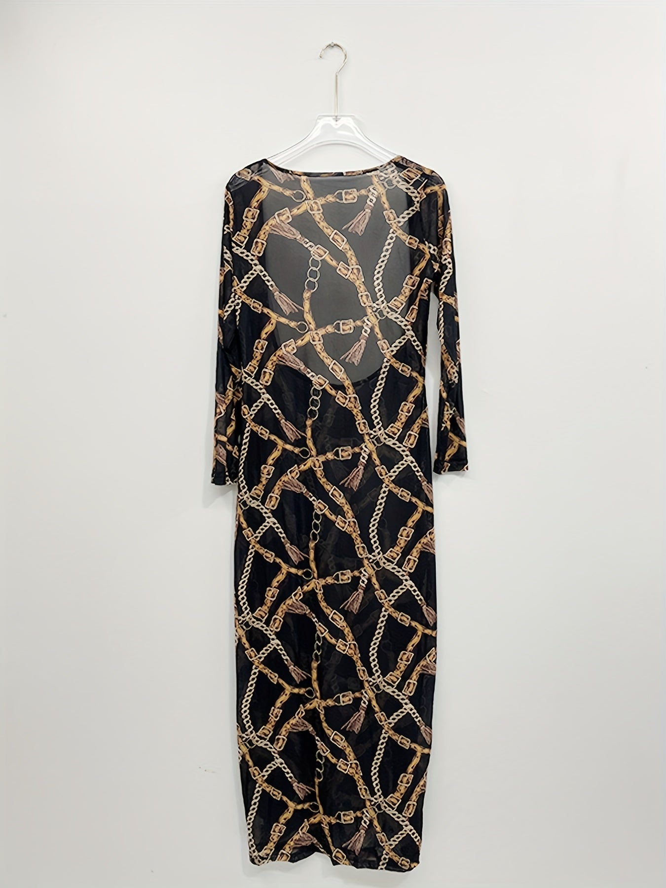  Chain Print Halter Bra & Long Sleeve Semi Sheer Cover Up Set