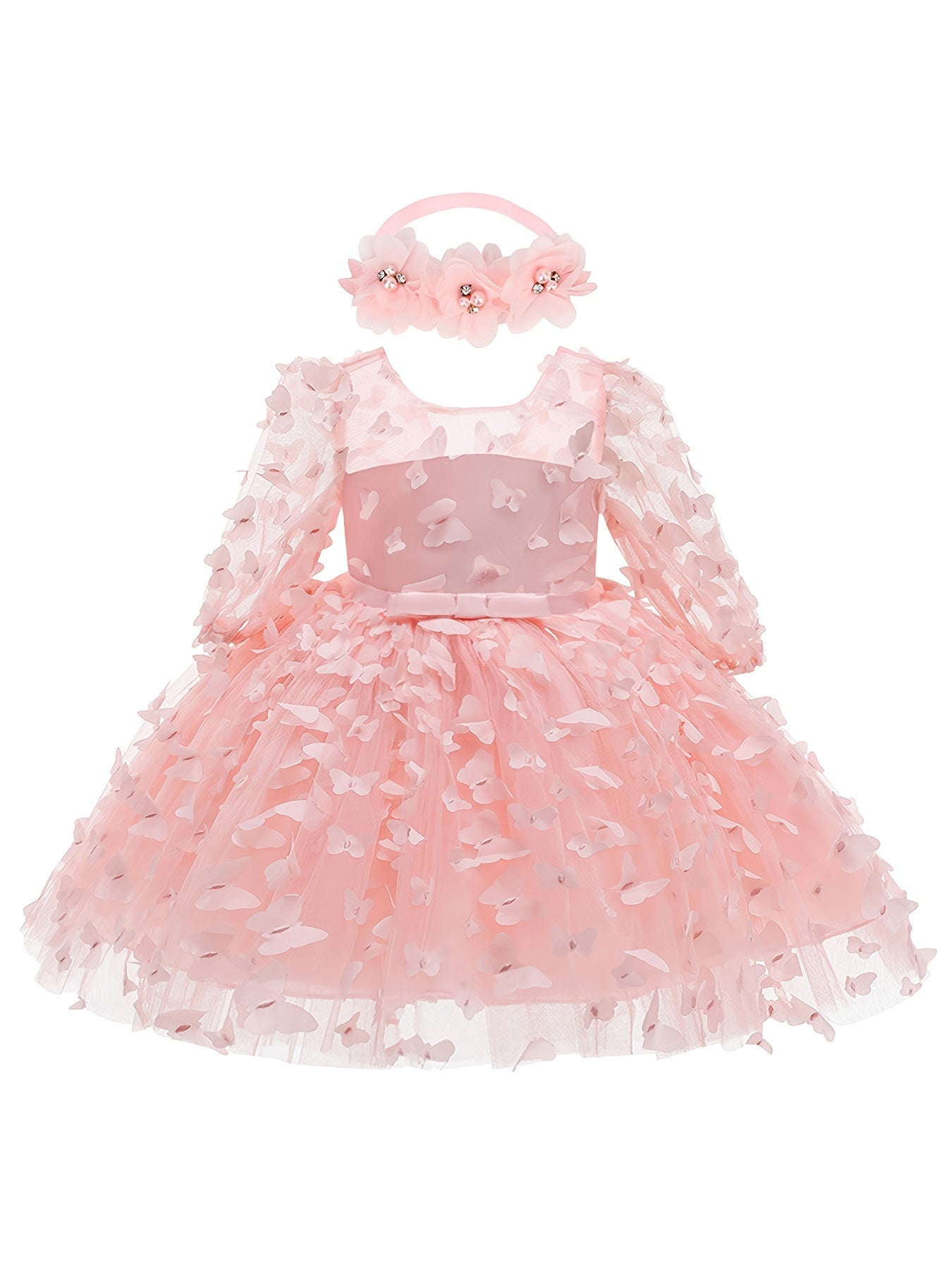 2pcs Baby Girls Butterfly Mesh Long Sleeve Dress & Headband Set