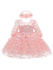 2pcs Baby Girls Butterfly Mesh Long Sleeve Dress & Headband Set