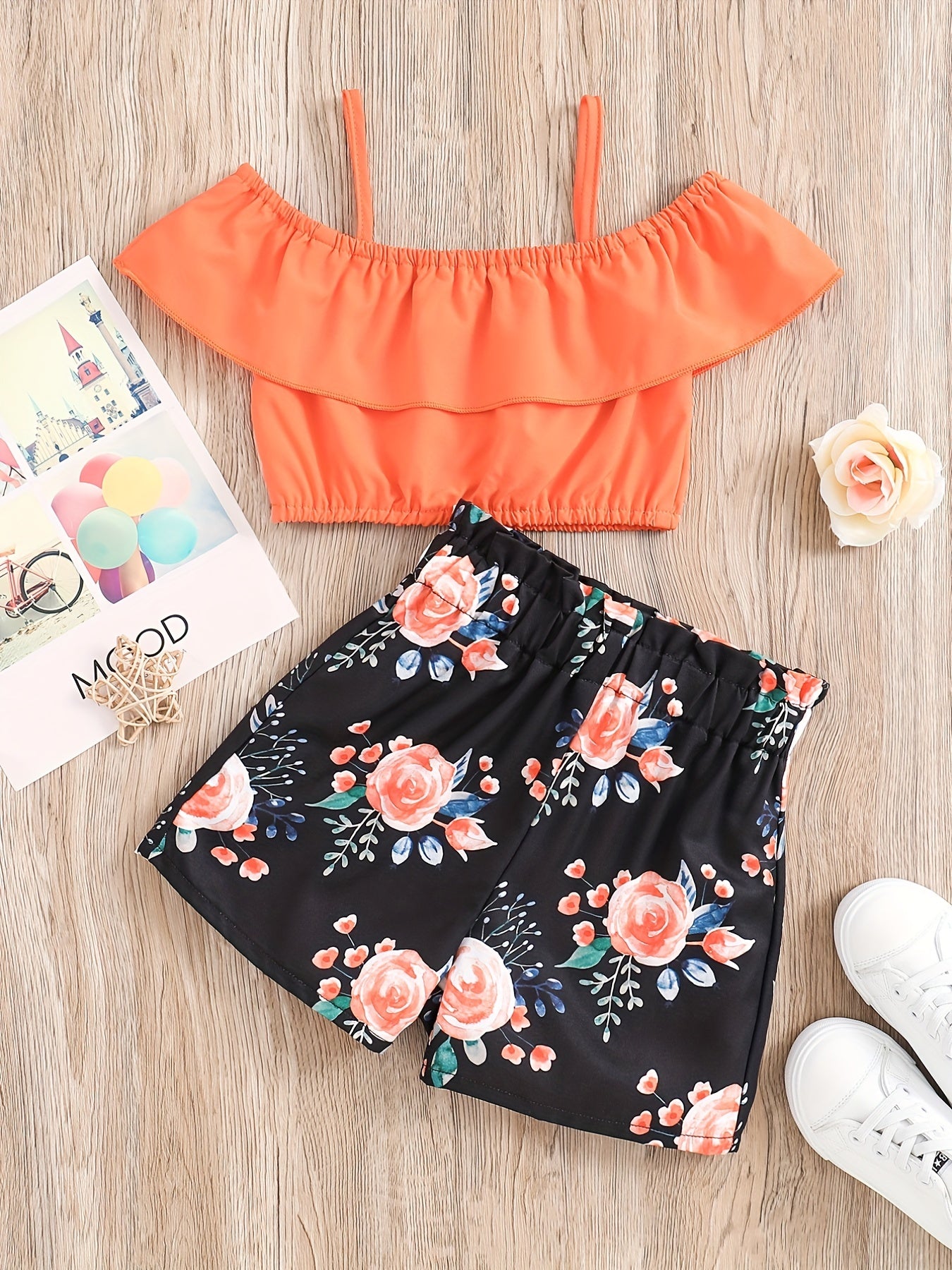 Toddler Girls Cold Shoulder Crop Top & Floral Shorts Set