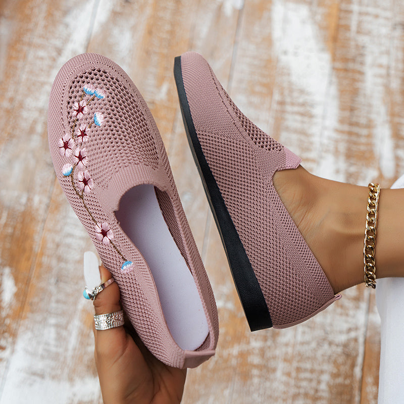 Women's Floral Embroidered Mesh Flat Shoes Lightweight Casual Footwear