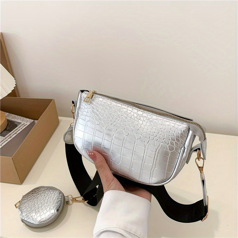 Crocodile Embossed Shoulder Bag with Coin Bag - Stylish Crossbody Bag