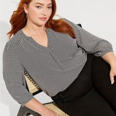  Houndstooth Print Three Quarter Sleeve Blouse