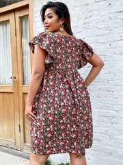  Ditsy Floral Print Butterfly Sleeve Square Neck Mini Dress