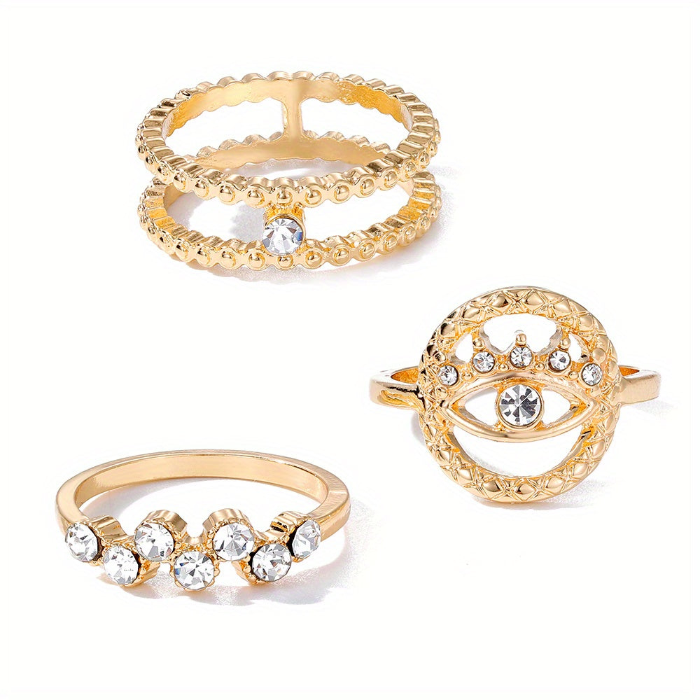 Vintage Golden Ring Set Inlaid Rhinestone Devil Eye Sun Snake Pattern