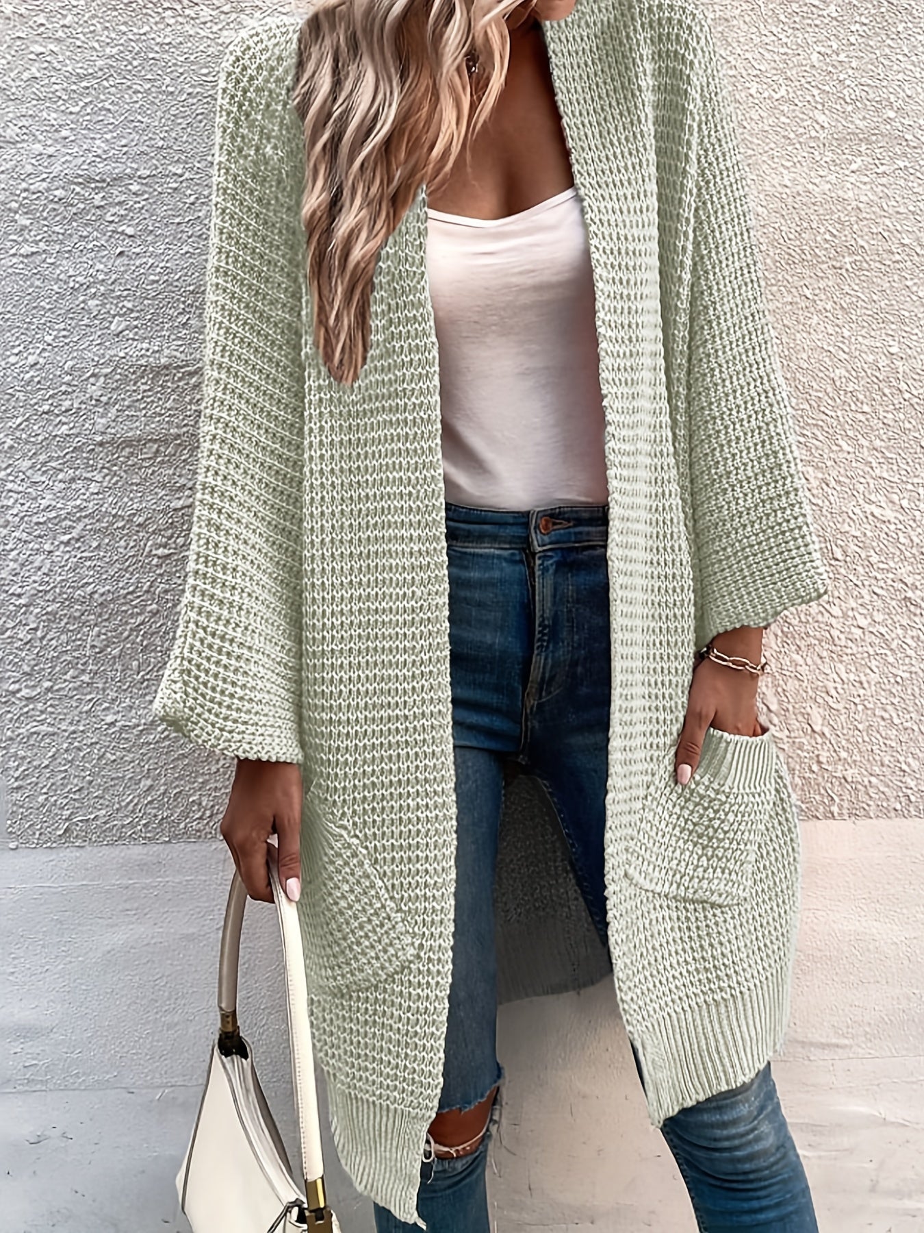  Cable Batwing Sleeve Open Front Cardigan with Pockets