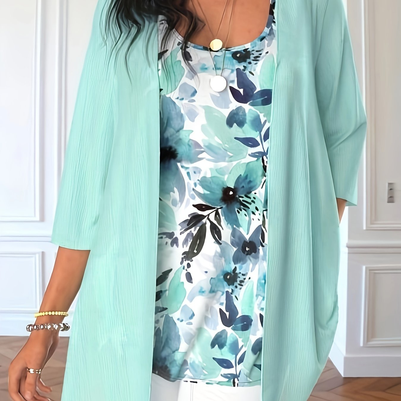  Casual Cardigan Women's Plus Solid Three Quarter Sleeve Open Front