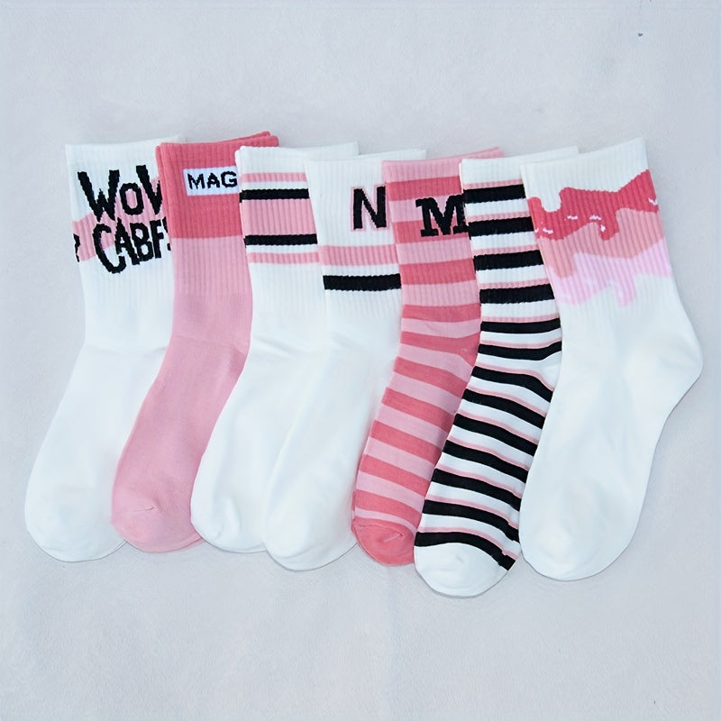 7 Pairs Striped Socks Comfy Breathable All match Socks Women's Stockings