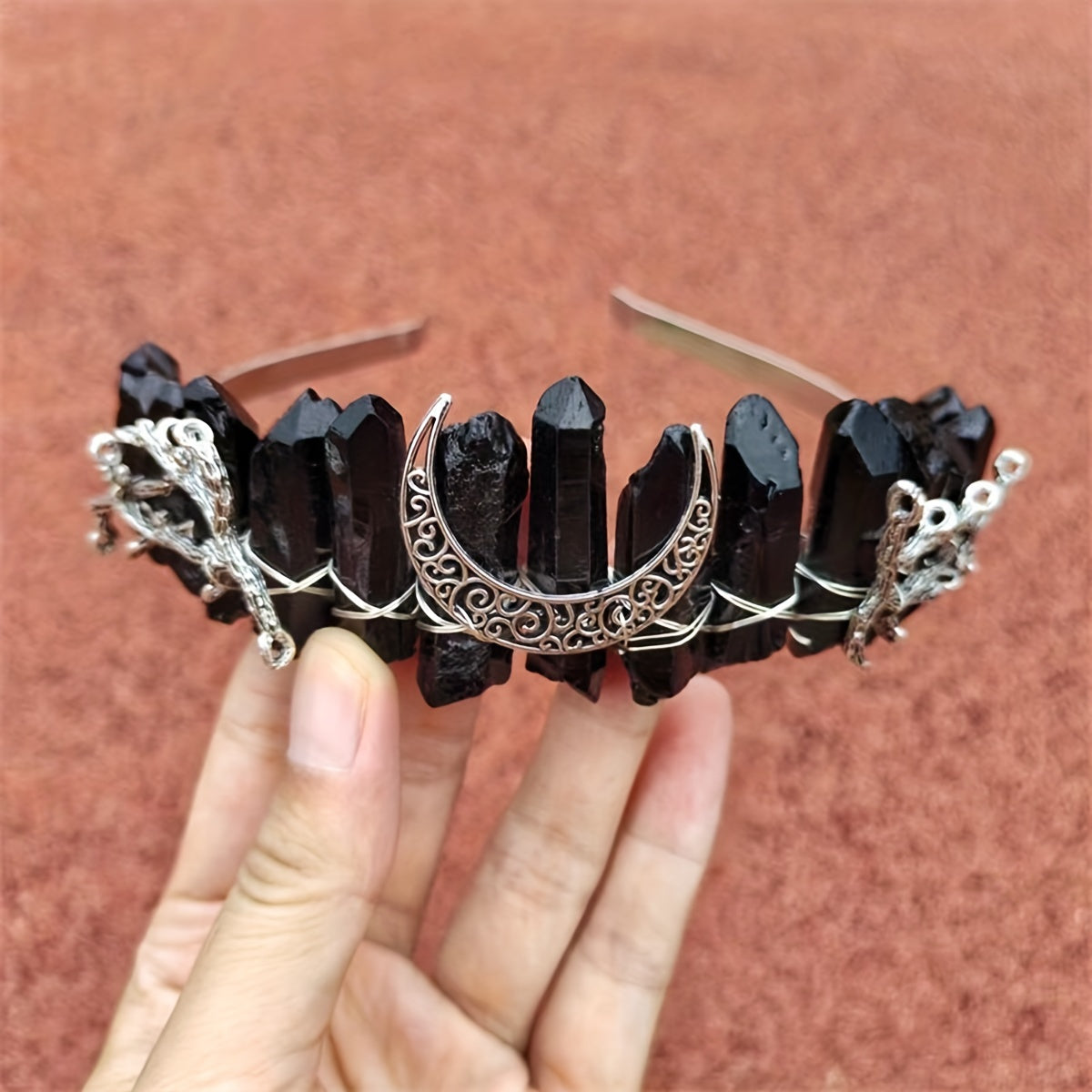 Crystal Quartz Hollow Moon Crown Tiara Headband for Women