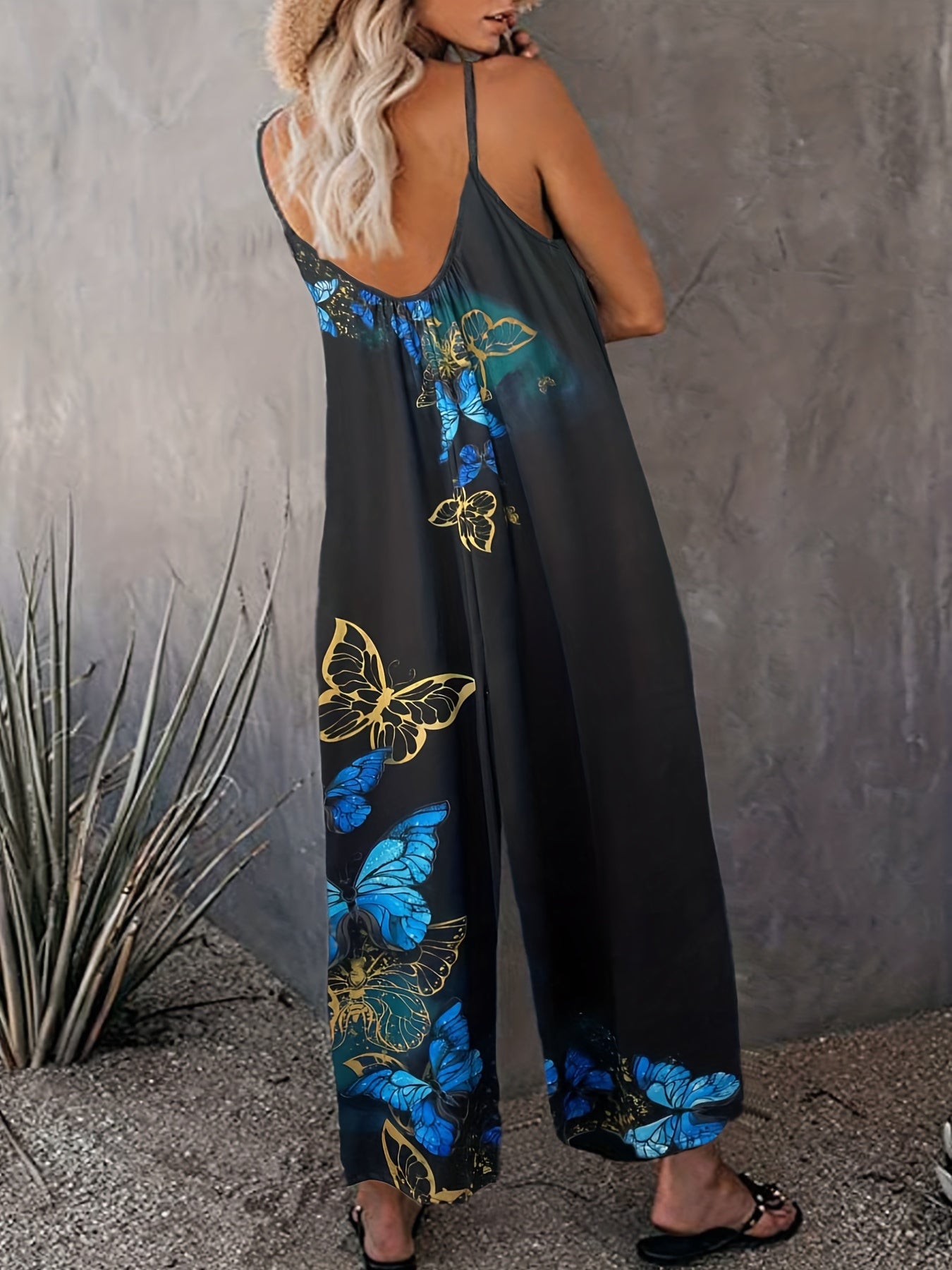  Butterfly Print V Neck Wide Leg Jumpsuit