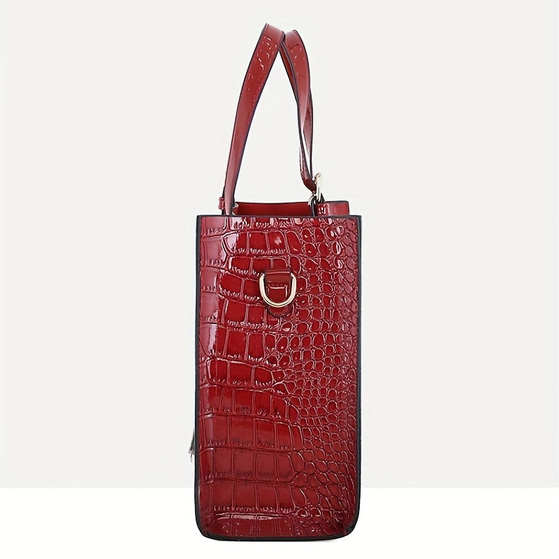 Crocodile Embossed Handbag With Pouch Large Tote Bag PU Leather Crossbody Bag