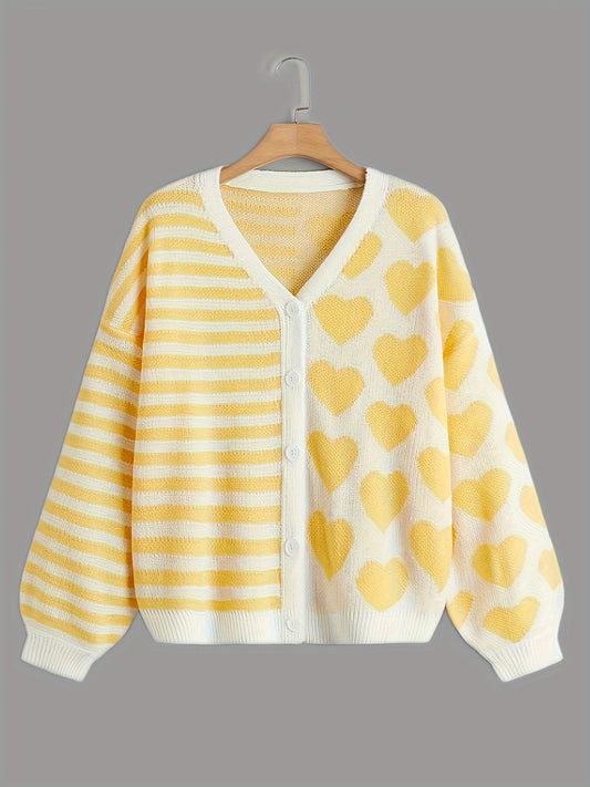  Stripe & Heart Print Button Up Sleeve Cardigan