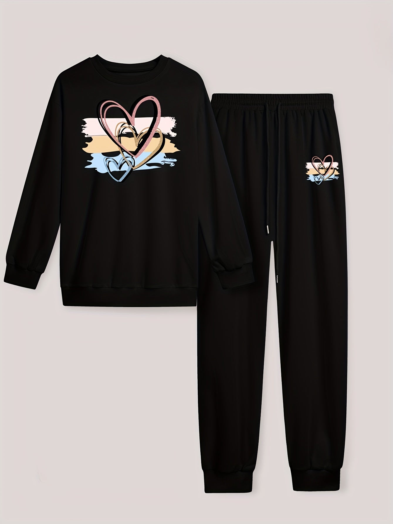  Colorblock Heart Print Top & Drawstring Pants Set