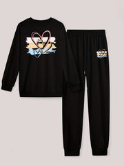  Colorblock Heart Print Top & Drawstring Pants Set