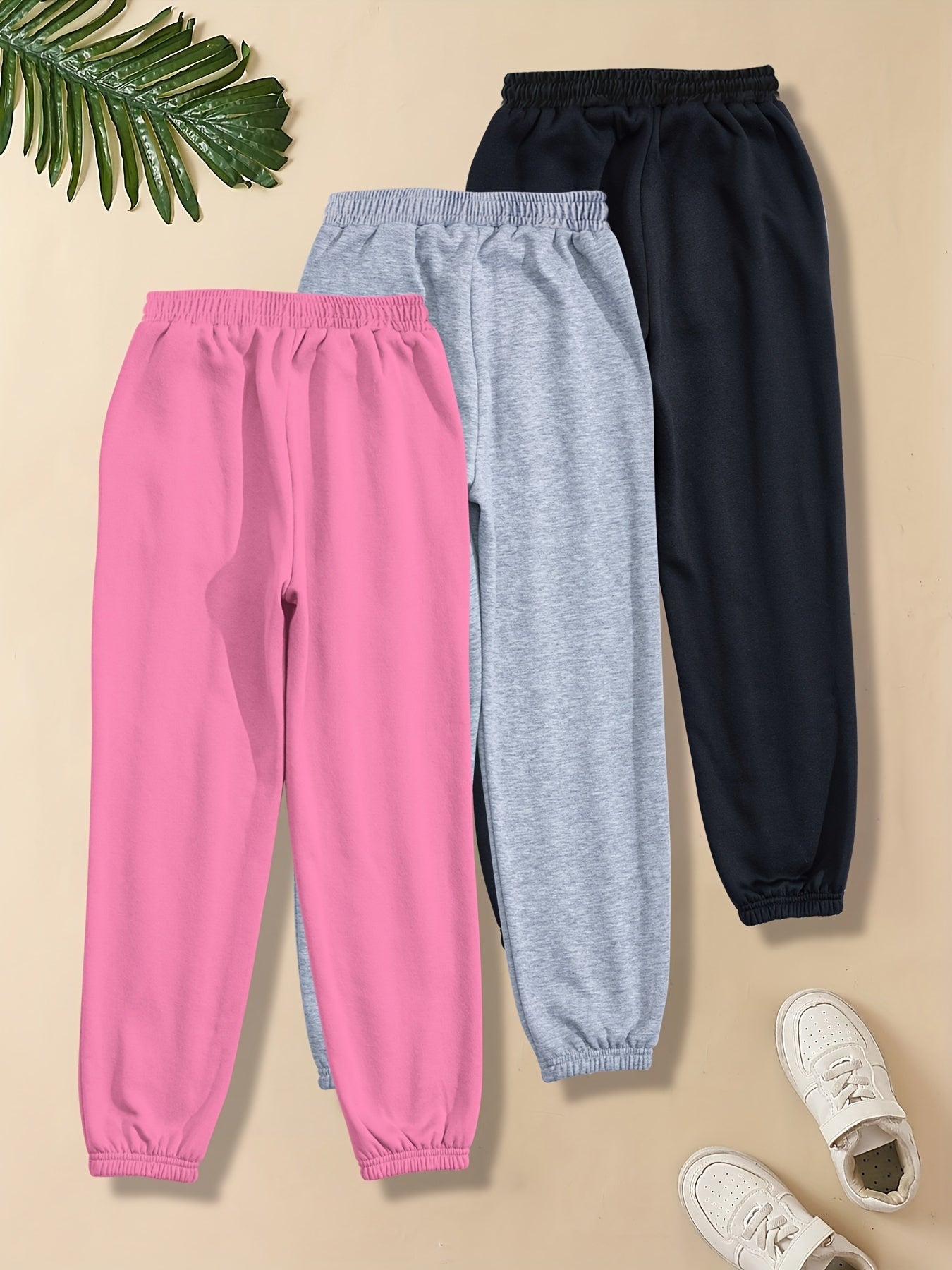 3pcs Girls' Basic Jogger Sweatpants Elastic Waist Thin Casual Sports Trousers