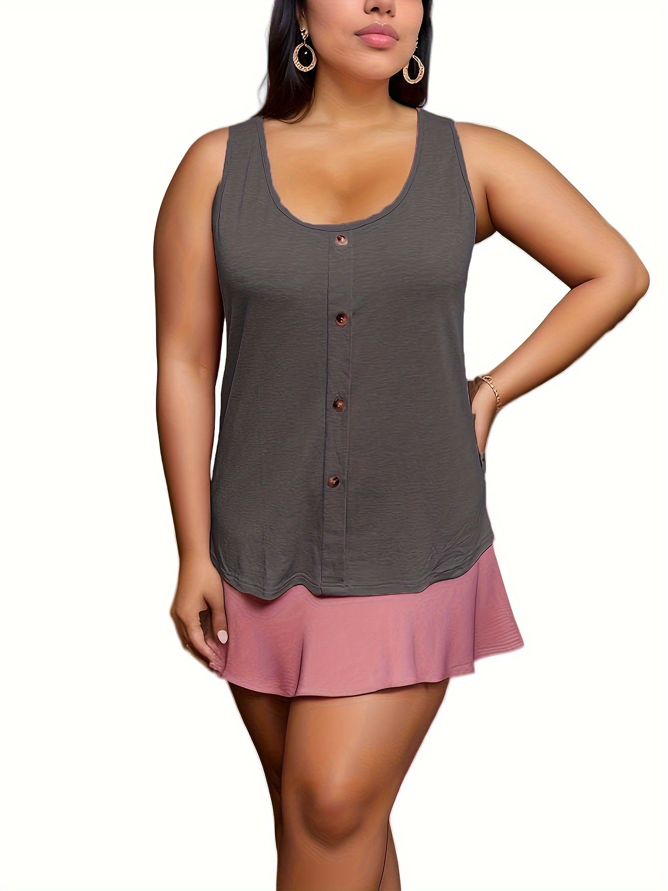  Casual Tank Top Women's Plus Solid Button Decor Round Neck Tank Top