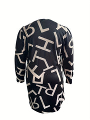  Letter Print Long Sleeve Round Neck Dress