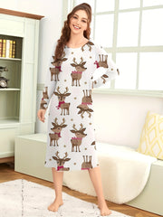Christmas Elk Print NightDress Long Sleeve Pajama Dress Women's Sleepwear