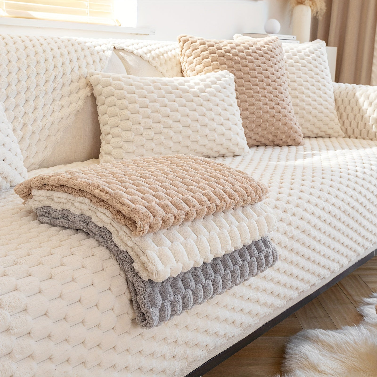 Honeycomb Velvet Sofa Slipcover Thick Plush Furniture Protector