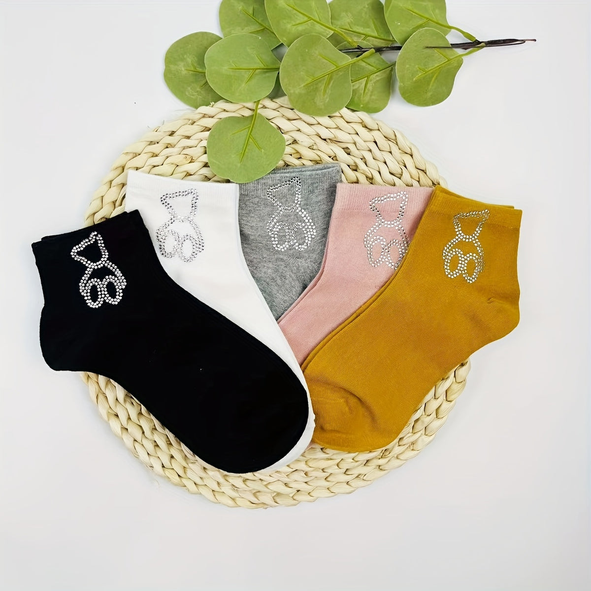 Bear Rhinestone Socks 5 Pairs Women's Crew Short Stockings & Hosiery