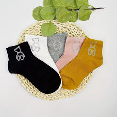 Bear Rhinestone Socks 5 Pairs Women's Crew Short Stockings & Hosiery