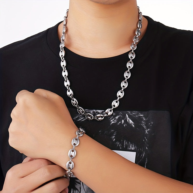 2pcs Stainless Steel Men's Coffee Bean Necklace Bracelet