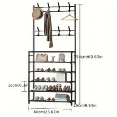 1pc Shoe Storage Rack With Clothes Shelf & Hooks - Space Saving