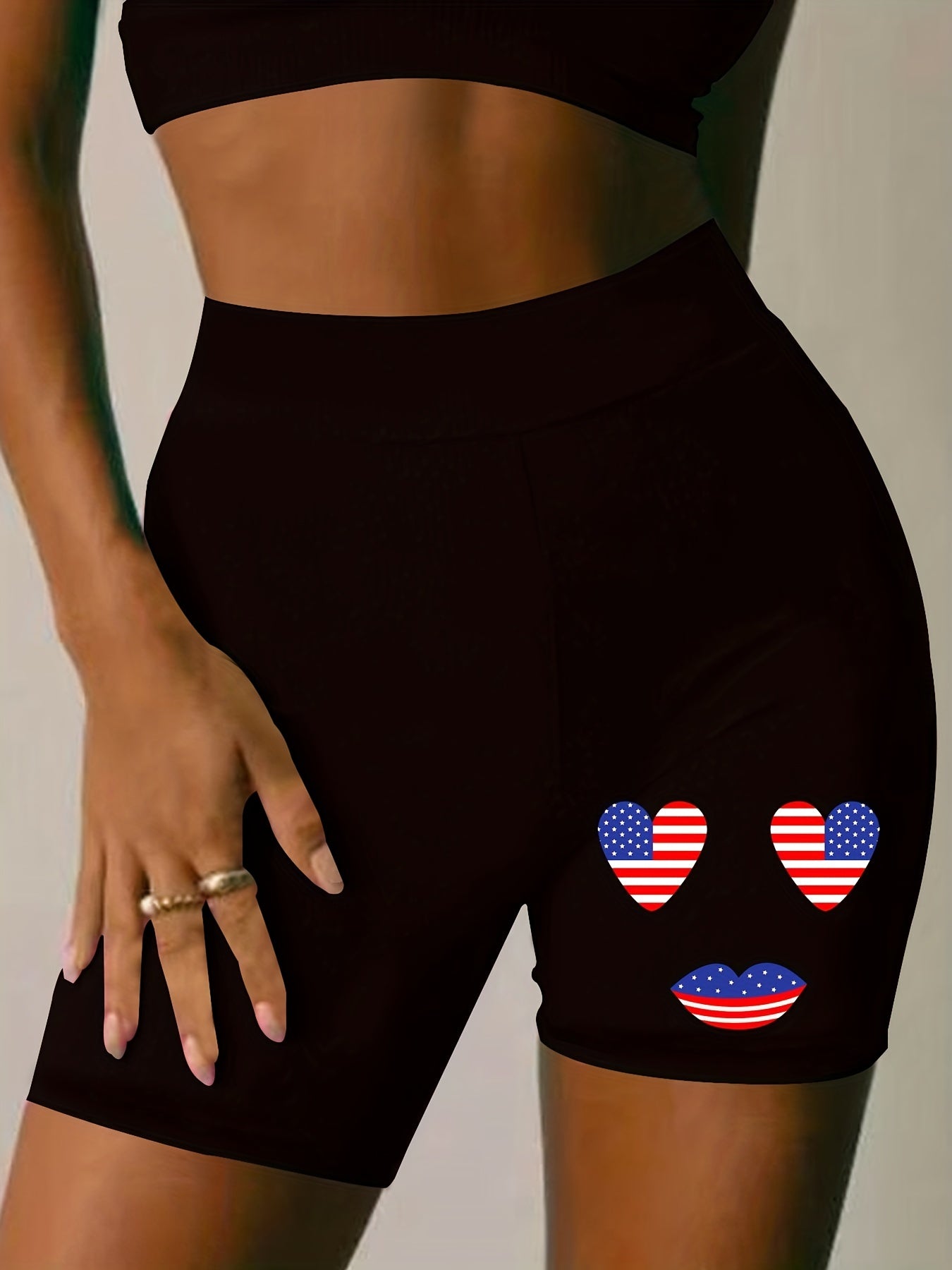  Independence Casual Shorts Women's Plus Flag Heart Print Biker Shorts