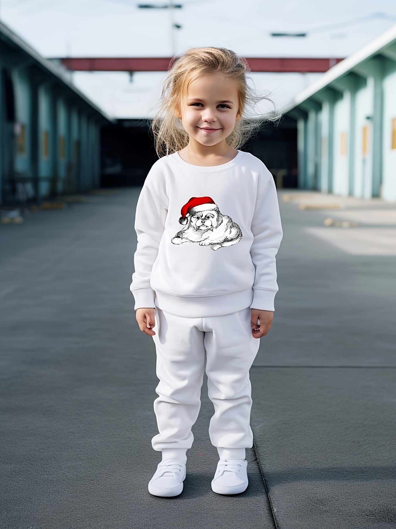 Girls Cartoon Dog Christmas Sweatshirt & Sweatpants Set