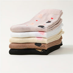 5 Pairs Cartoon Cat Print Socks Cute & Comfy Women's Mid Tube Stockings