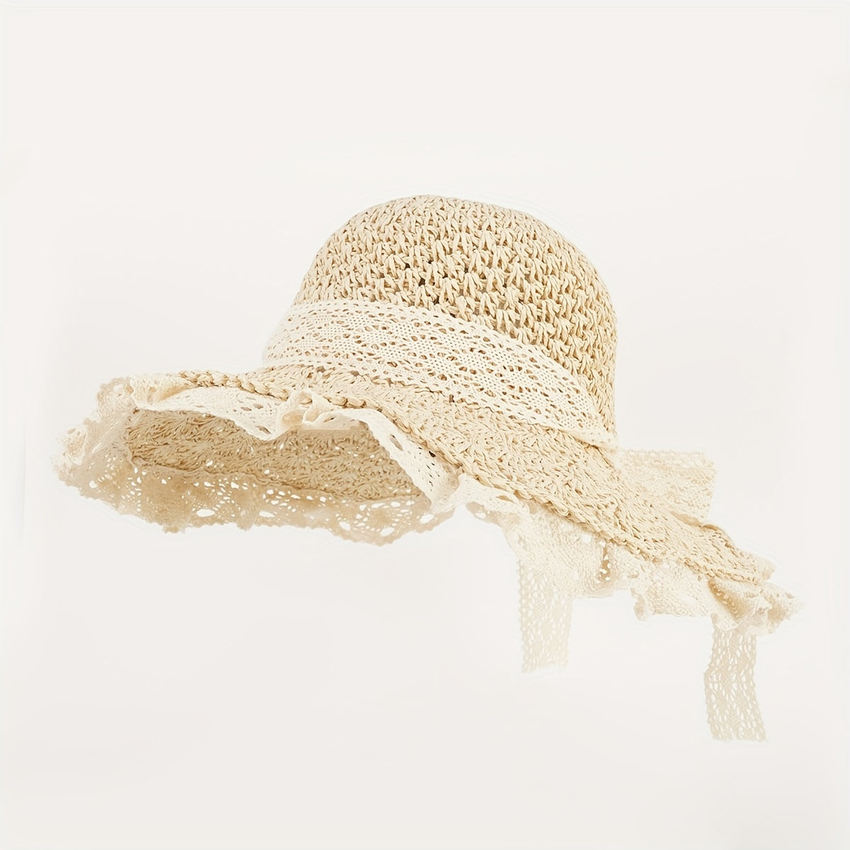 Foldable Straw Sun Hat Lace Edge Handwoven Hollow Butterfly Knot Beach Hat