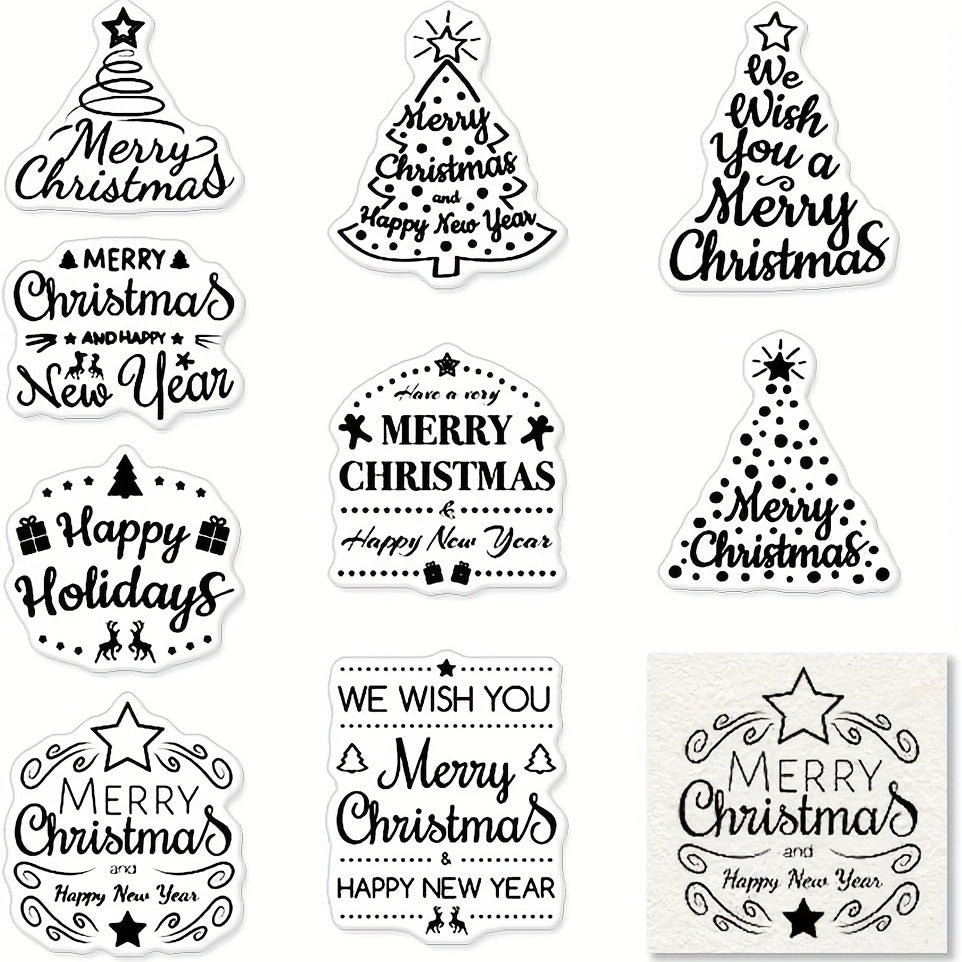 9pcs Christmas Tree Greeting Words Clear Stamps For Card Making