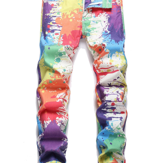 Paint Splash Cotton Slim Fit Jeans Men's Casual Street Style Denim Pants