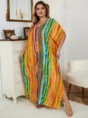 Rainbow Striped Batwing Sleeve Beachwear Kaftan Dress